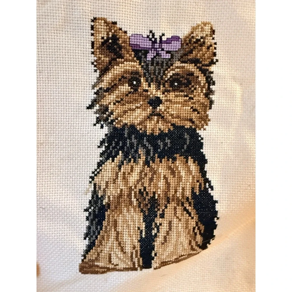 Vintage Complete Counted Cross Stitch Yorkshire Terrier Bow Dog Puppy Yorkie